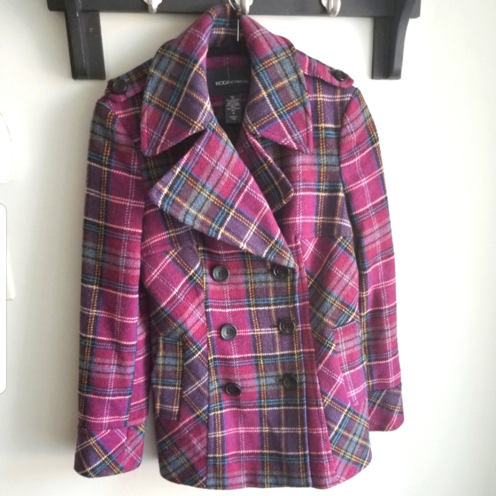 🧥MODA INTERNATIONAL WOOL BLEND PLAID COAT
